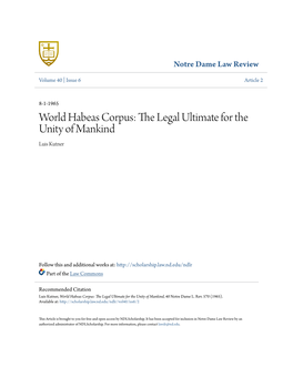World Habeas Corpus: the Legal Ultimate for the Unity of Mankind Luis Kutner