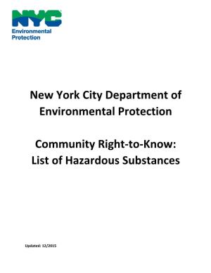 New York City Department of Environmental Protection Community Right-To-Know: List of Hazardous Substances