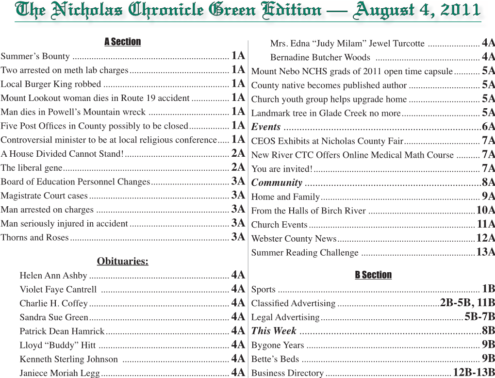 The Nicholas Chronicle Green Edition — August 4, 2011