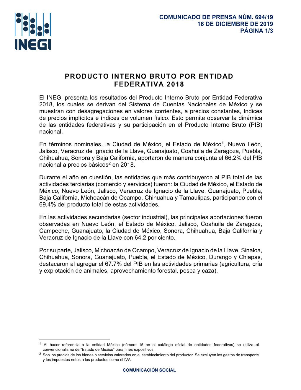 Producto Interno Bruto Por Entidad Federativa 2018