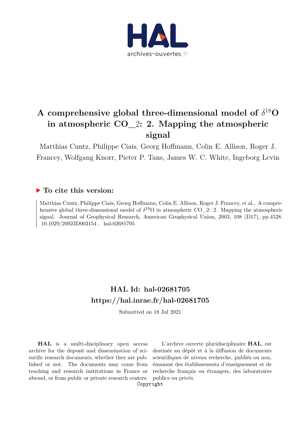 A Comprehensive Global Three-Dimensional Model of Δ18o in Atmospheric CO 2: 2