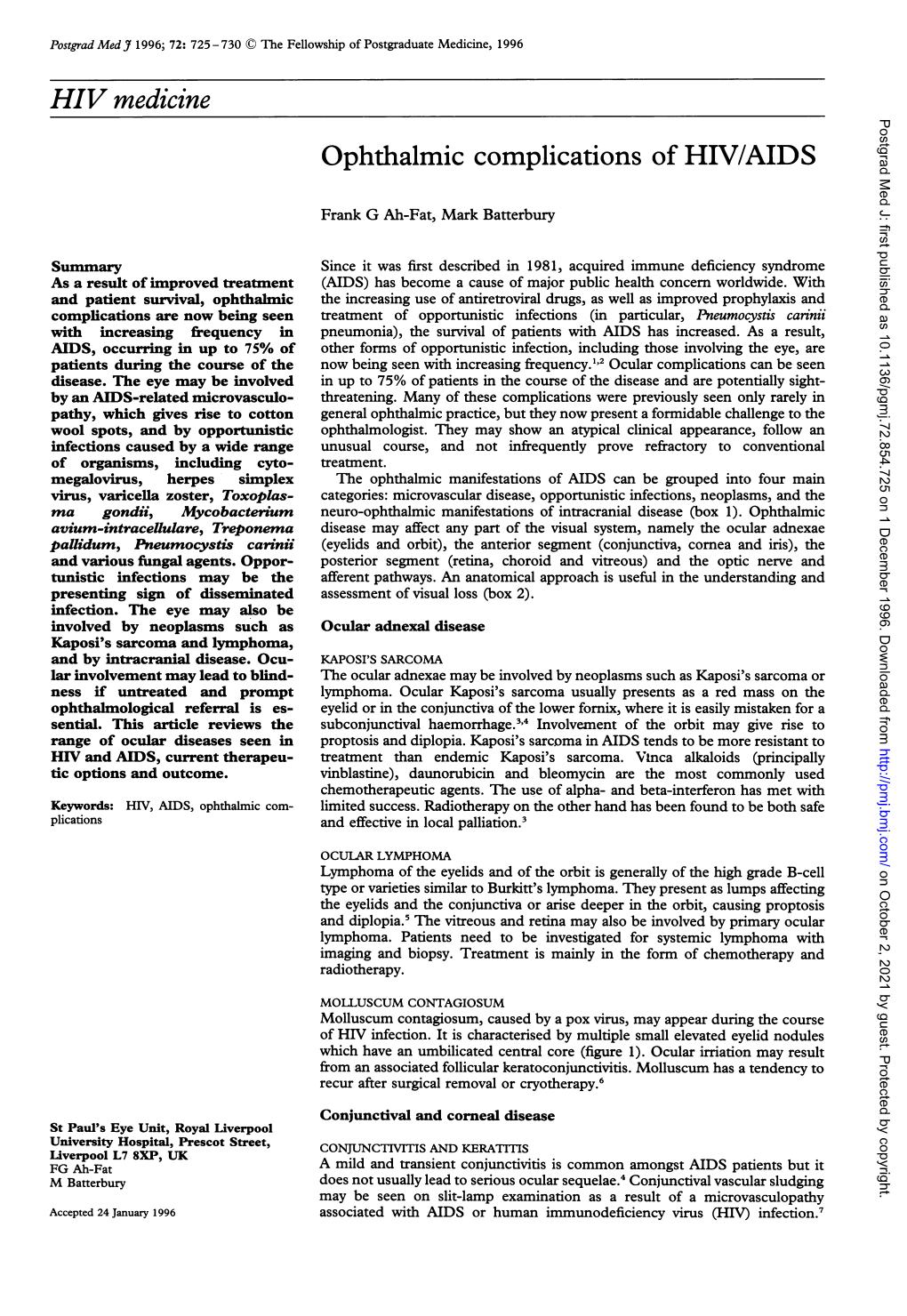 HIV Medicine Postgrad Med J: First Published As 10.1136/Pgmj.72.854.725 on 1 December 1996