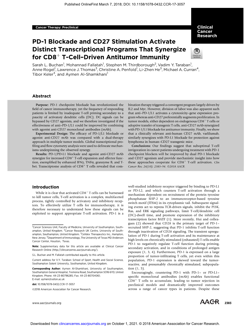 PD-1 Blockade and CD27 Stimulation Activate Distinct Transcriptional Programs That Synergize for Cd8þ T-Cell–Driven Antitumor Immunity Sarah L