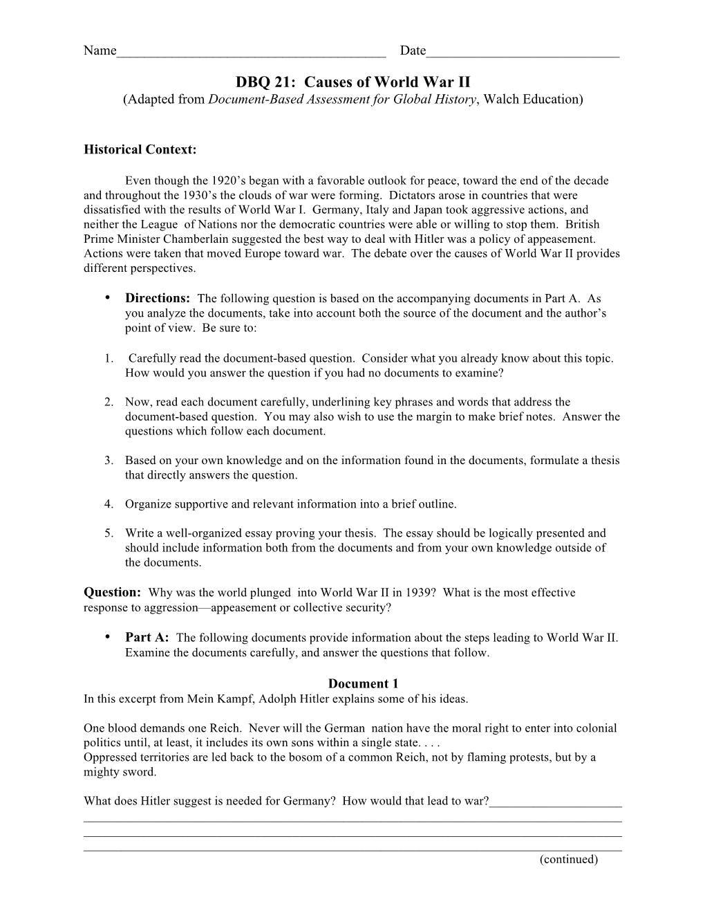 DBQ 21: Causes of World War II (Adapted from Document-Based Assessment for Global History, Walch Education)