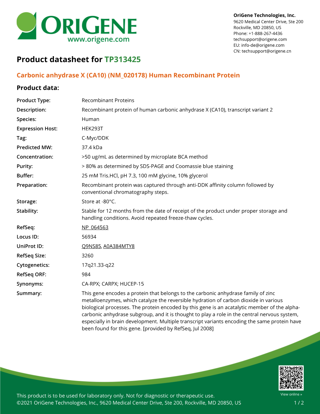 Carbonic Anhydrase X (CA10) (NM 020178) Human Recombinant Protein Product Data