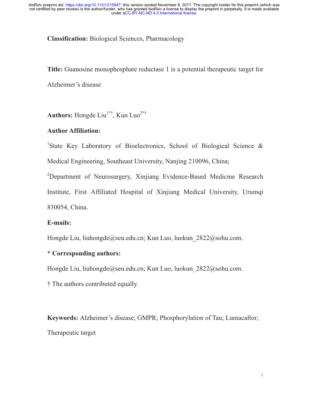 Guanosine Monophosphate Reductase 1 Is a Potential Therapeutic Target For