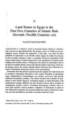 Land-Tenure in Egypt in the First Five Centuries of Islamic Rule I, (Seventh -Twelfth Centuries AD)