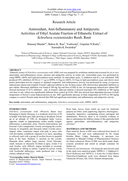 Antioxidant, Anti-Inflammatory and Antipyretic Activities of Ethyl Acetate Fraction of Ethanolic Extract of Schrebera Swietenioides Roxb
