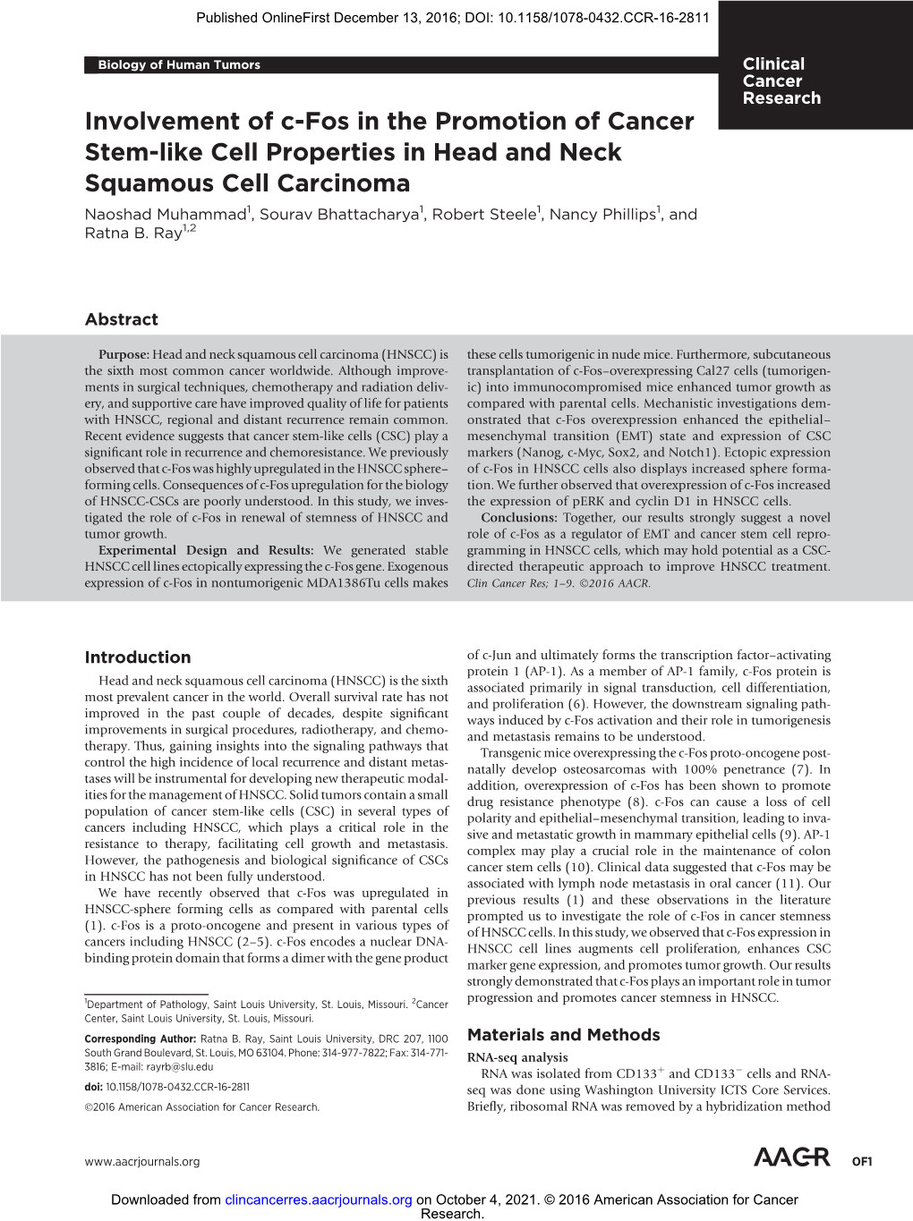 Involvement of C-Fos in the Promotion of Cancer Stem-Like Cell Properties