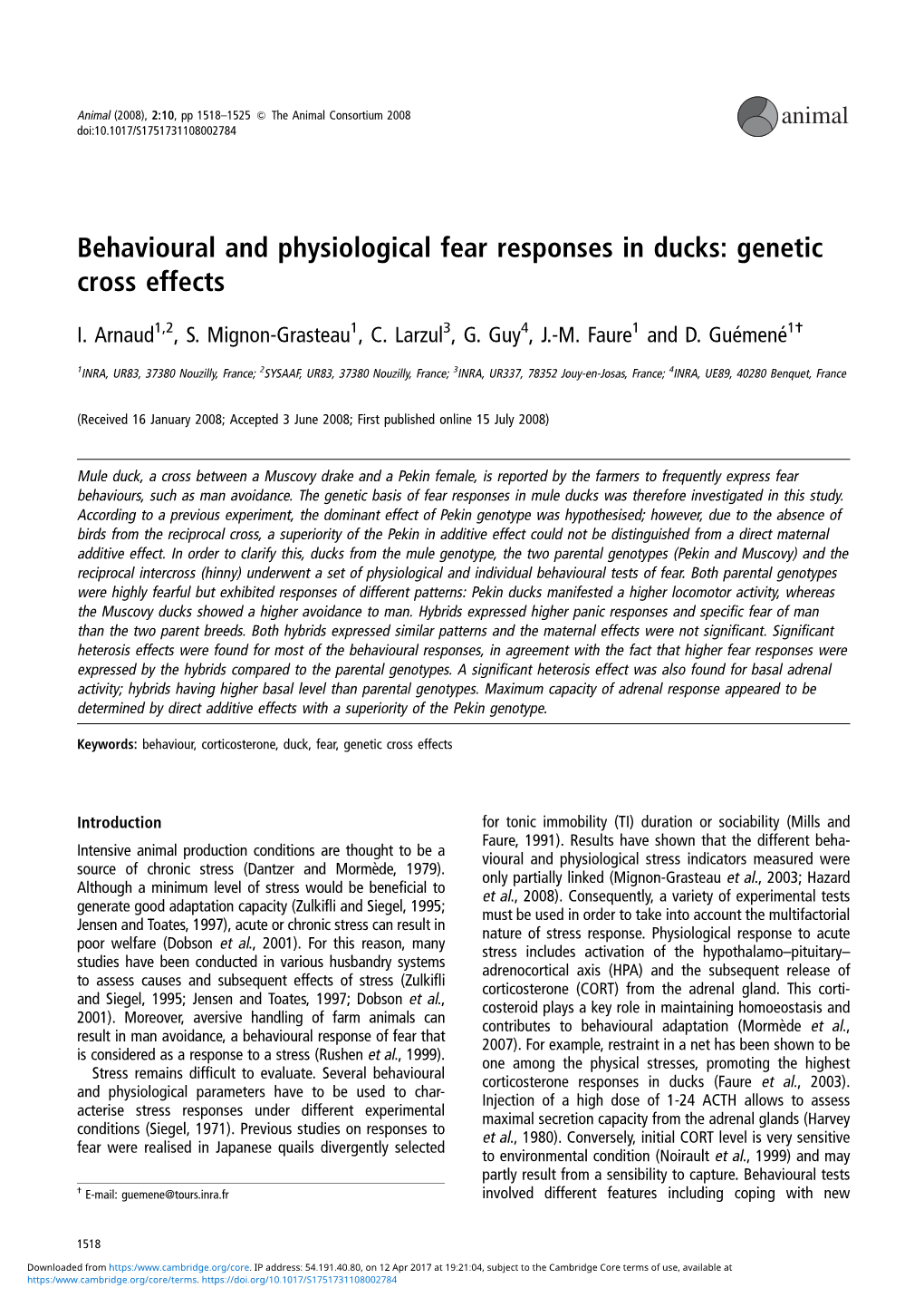 Behavioural and Physiological Fear Responses in Ducks: Genetic Cross Effects