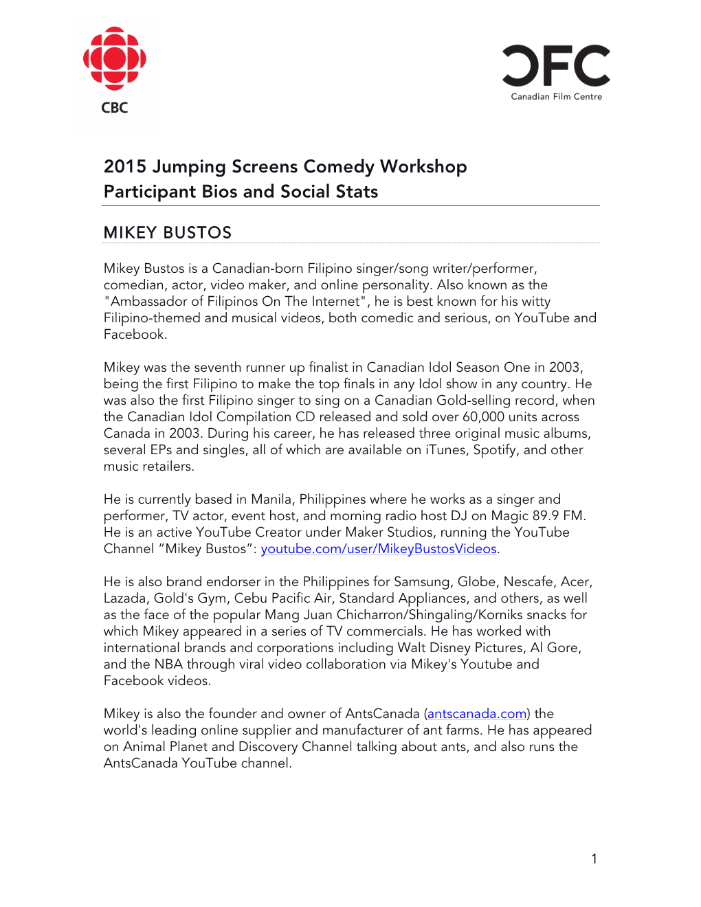 2015 Jumping Screens Comedy Workshop Participant Bios and Social Stats