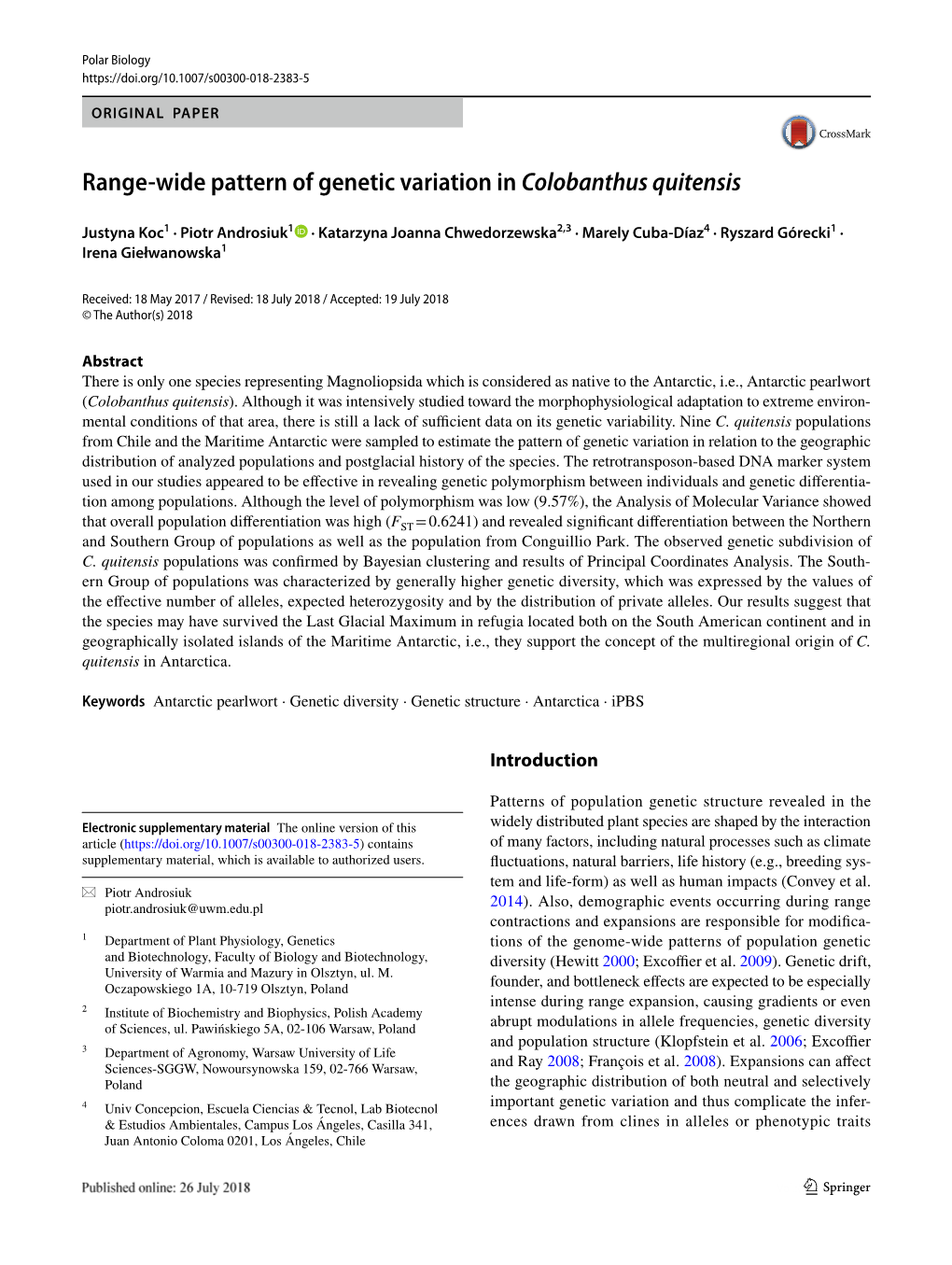 Range-Wide Pattern of Genetic Variation in Colobanthus Quitensis