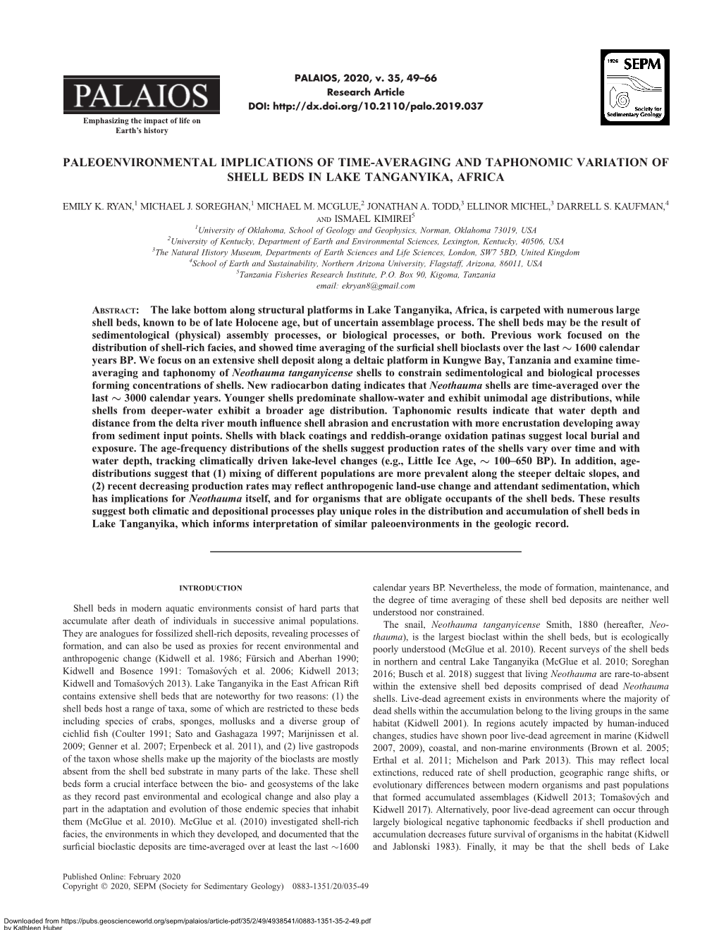 Paleoenvironmental Implications of Time-Averaging and Taphonomic Variation of Shell Beds in Lake Tanganyika, Africa