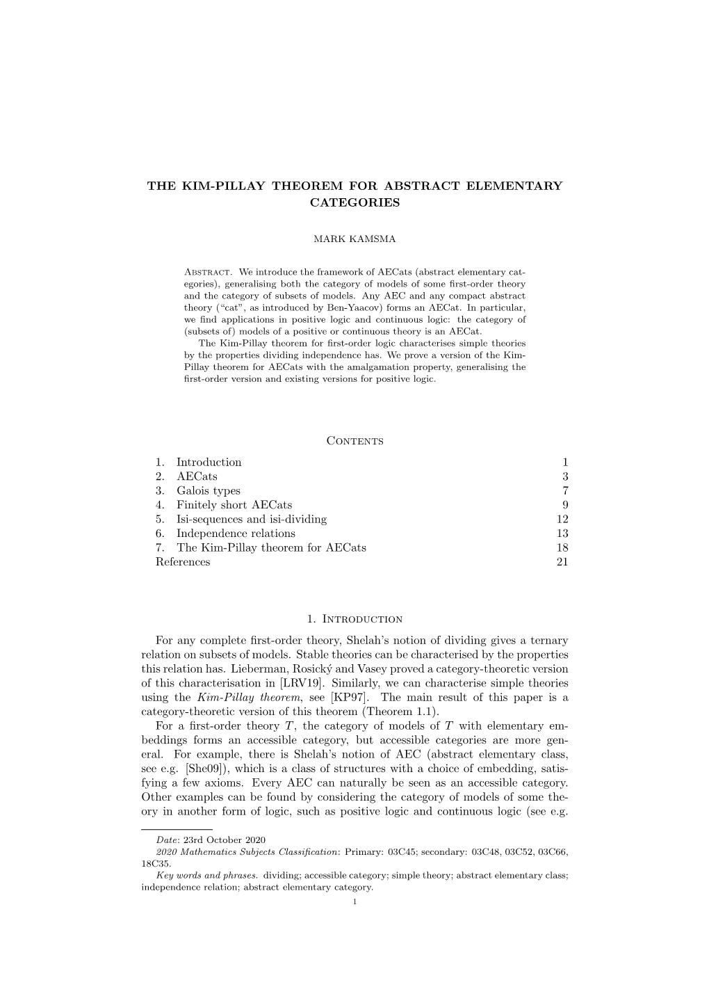 The Kim-Pillay Theorem for Abstract Elementary Categories