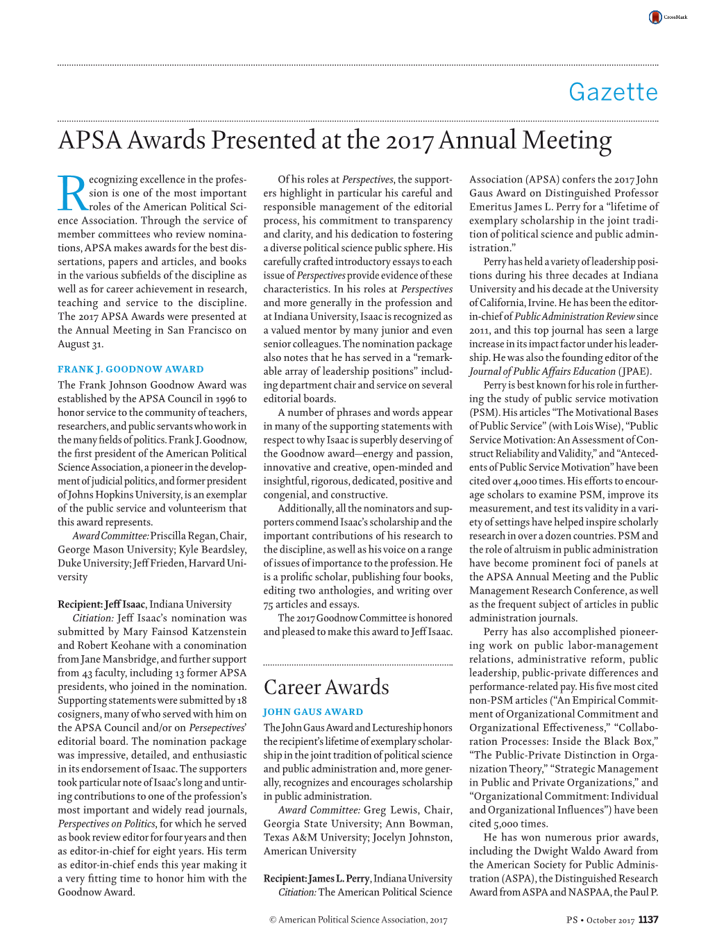 APSA Awards Presented at the 2017 Annual Meeting