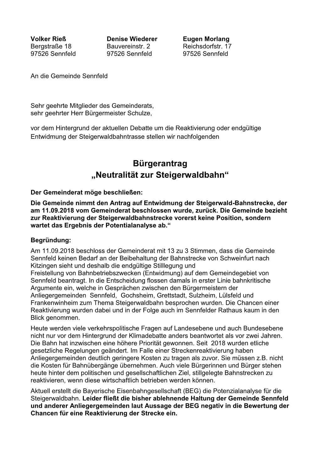 Bürgerantrag „Neutralität Zur Steigerwaldbahn“