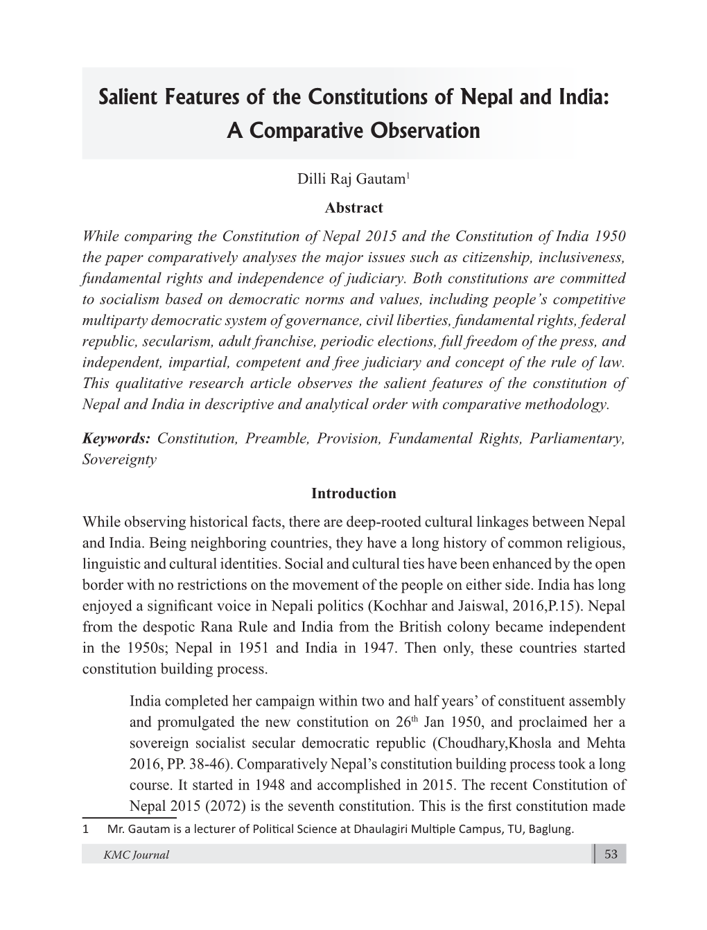 Salient Features of the Constitutions of Nepal and India: a Comparative Observation