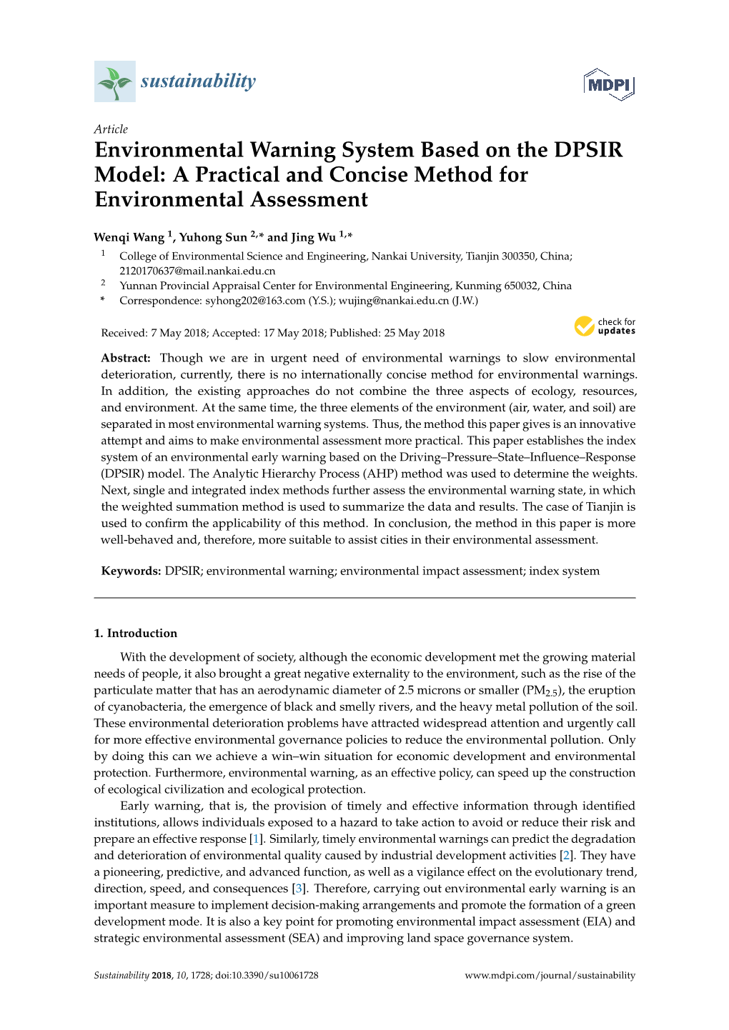 Environmental Warning System Based on the DPSIR Model: a Practical and Concise Method for Environmental Assessment