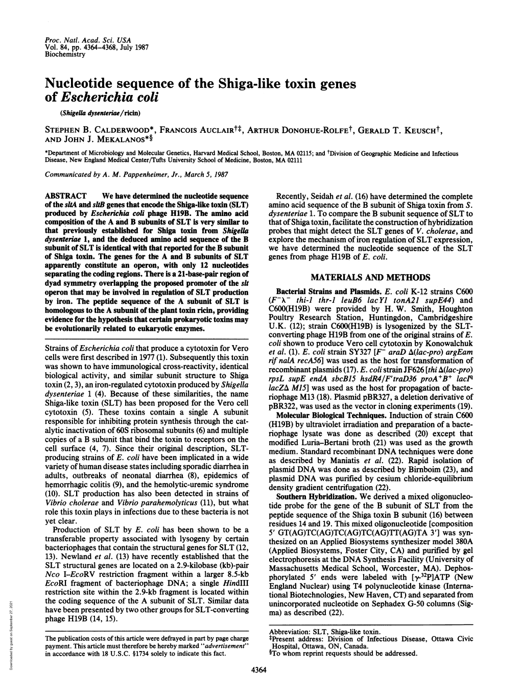 Nucleotide Sequence of the Shiga-Like Toxin Genes of Escherichia Coli (Shigella Dysenteriae/Ricin) STEPHEN B