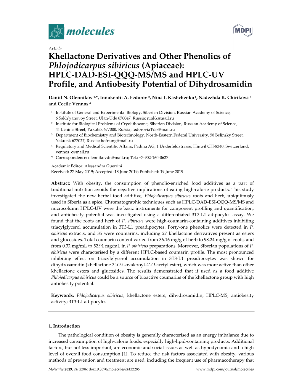 Khellactone Derivatives and Other Phenolics of Phlojodicarpus Sibiricus (Apiaceae): HPLC-DAD-ESI-QQQ-MS/MS and HPLC-UV Profile