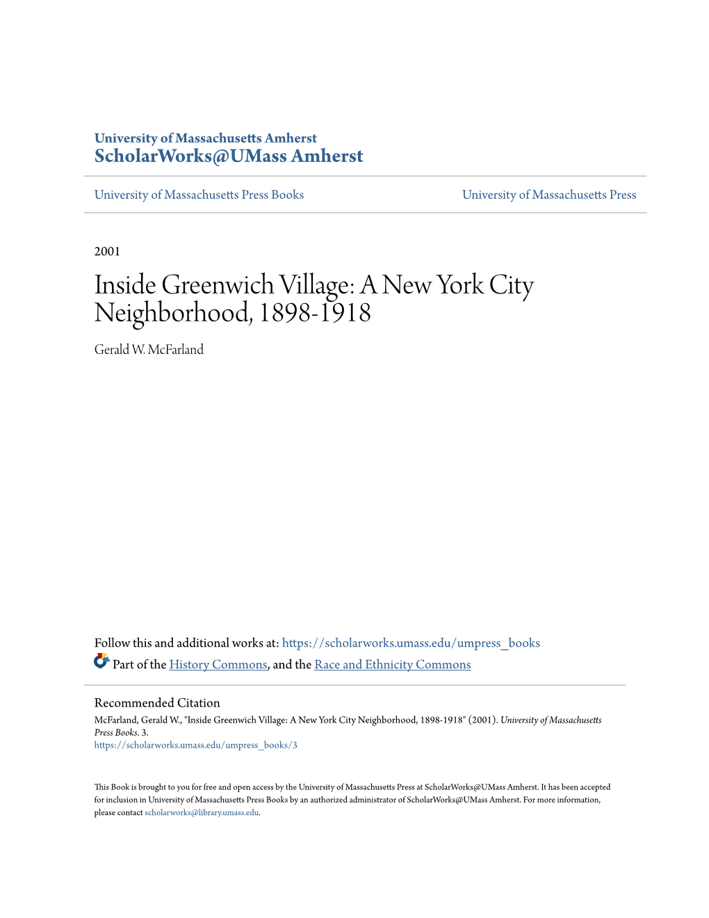 Inside Greenwich Village: a New York City Neighborhood, 1898-1918 Gerald W