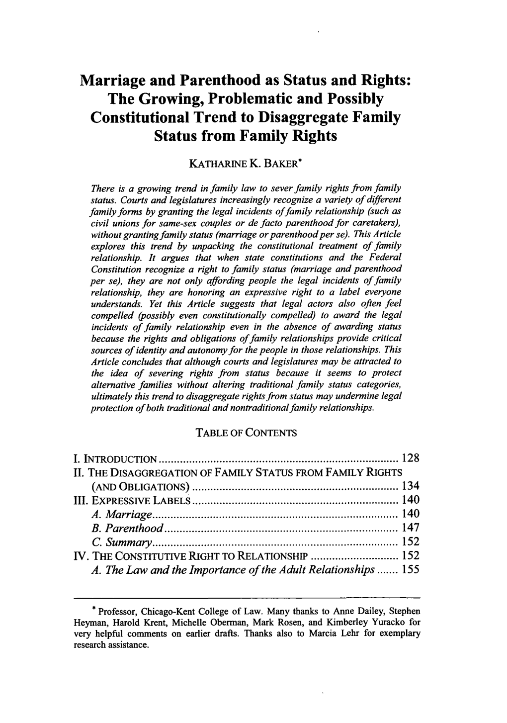 Marriage and Parenthood As Status and Rights: the Growing, Problematic and Possibly Constitutional Trend to Disaggregate Family Status from Family Rights