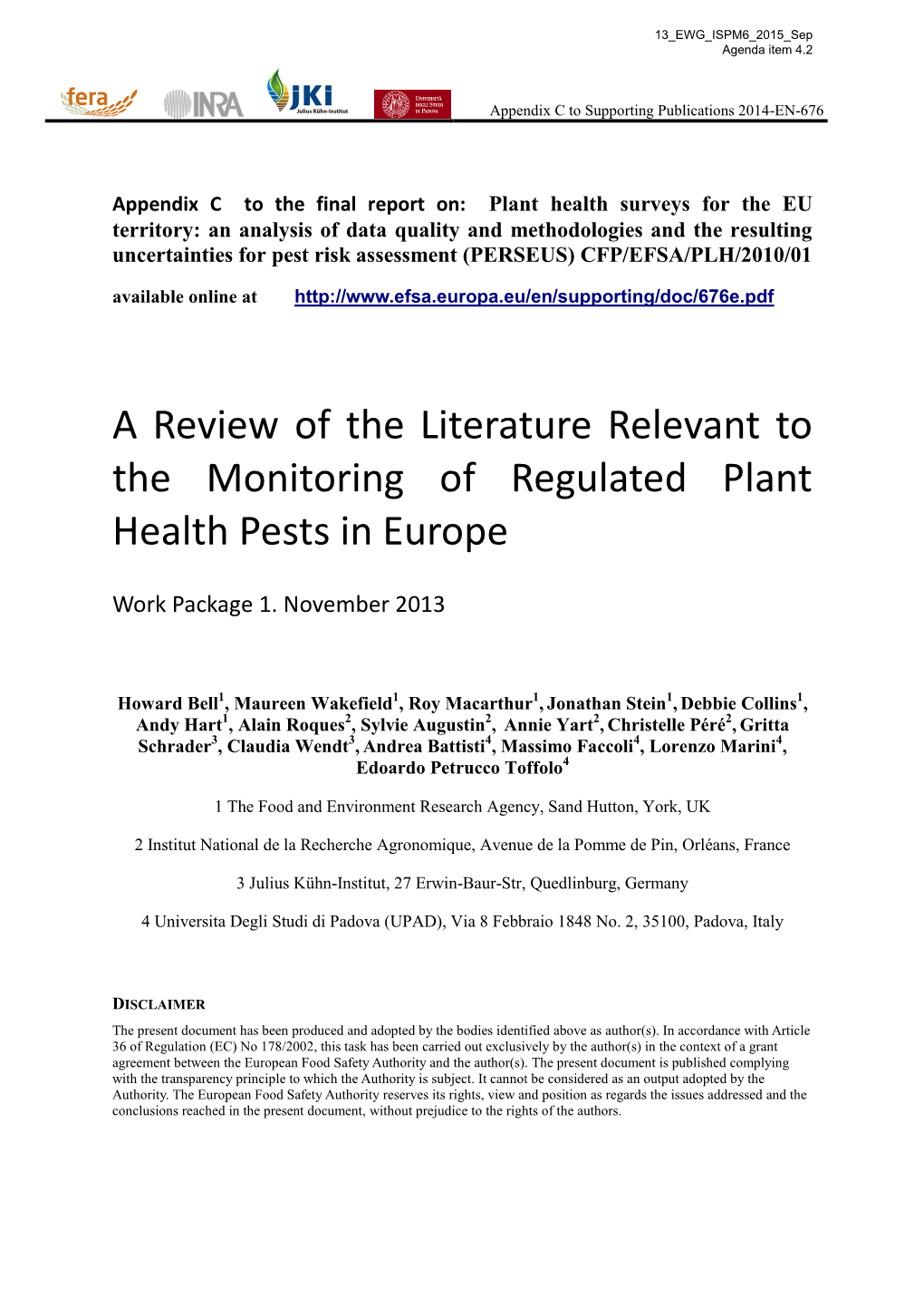 A Review of the Literature Relevant to the Monitoring of Regulated Plant Health Pests in Europe