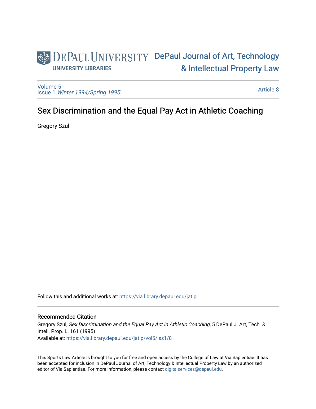 Sex Discrimination and the Equal Pay Act in Athletic Coaching