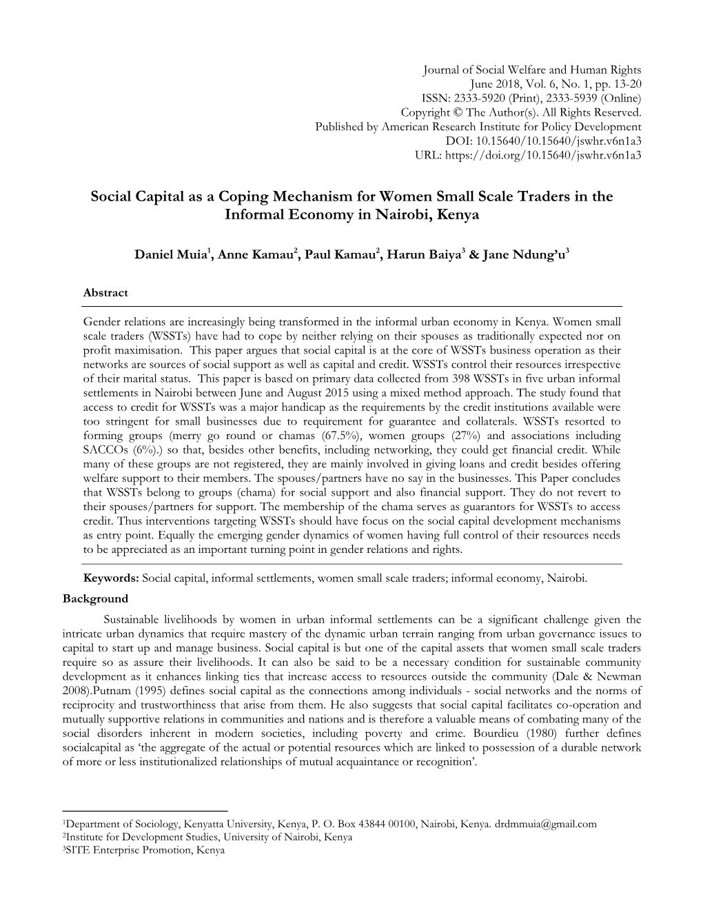 Social Capital As a Coping Mechanism for Women Small Scale Traders in the Informal Economy in Nairobi, Kenya