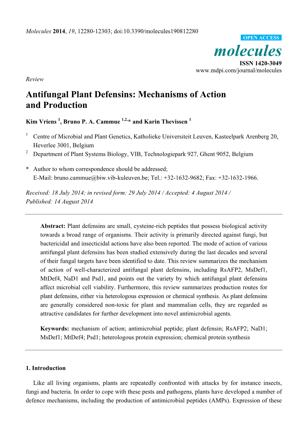 Antifungal Plant Defensins: Mechanisms of Action and Production