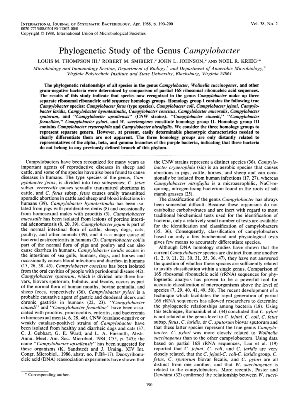 Phylogenetic Study of the Genus Campylobacter LOUIS M