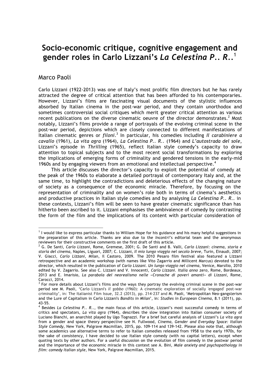 Socio-Economic Critique, Cognitive Engagement and Gender Roles in Carlo Lizzani’S La Celestina P