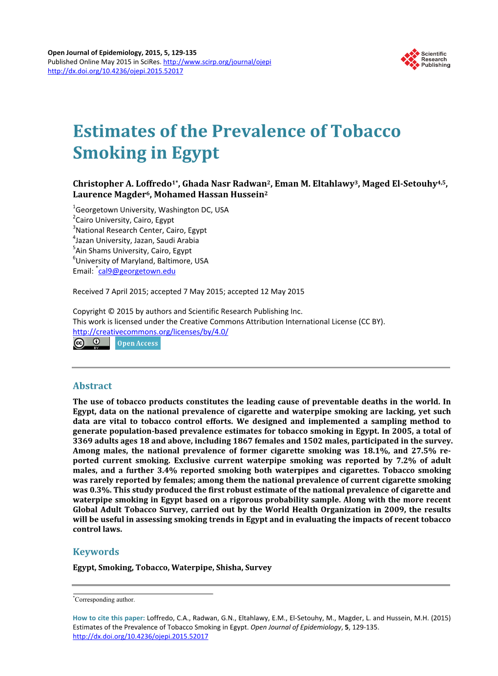 Estimates of the Prevalence of Tobacco Smoking in Egypt