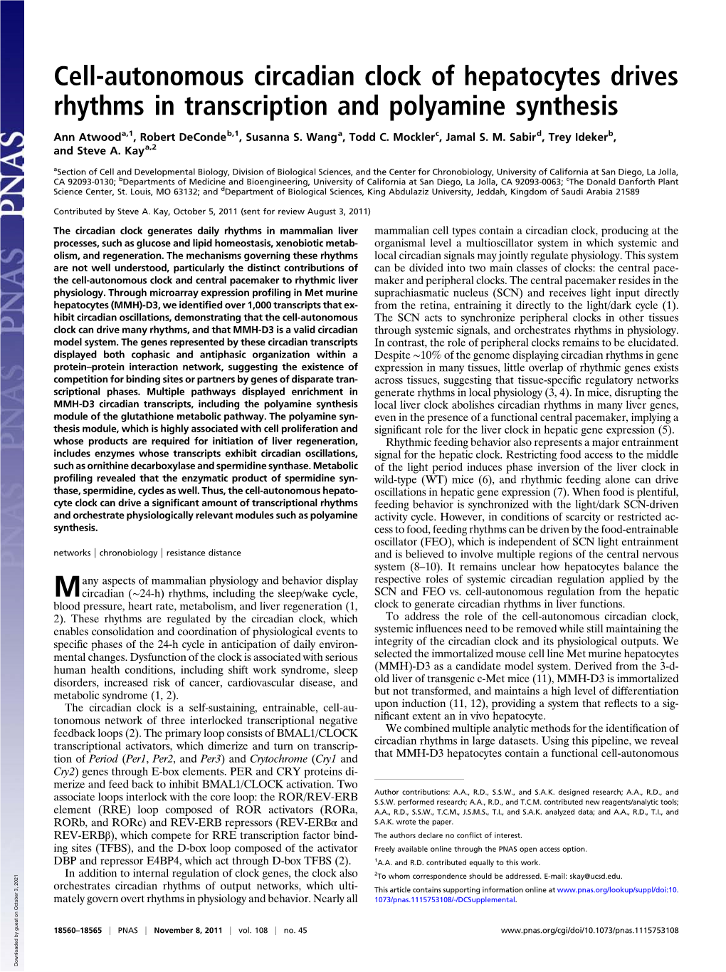 Cell-Autonomous Circadian Clock of Hepatocytes Drives Rhythms in Transcription and Polyamine Synthesis