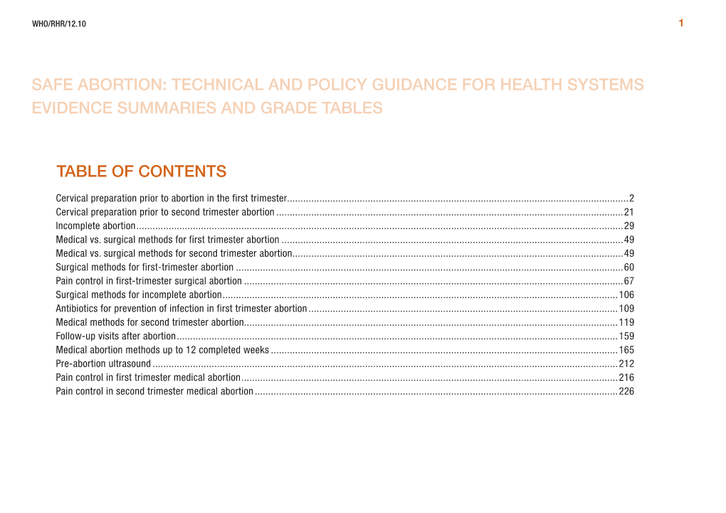 Safe Abortion: Technical and Policy Guidance for Health Systems Evidence Summaries and GRADE Tables