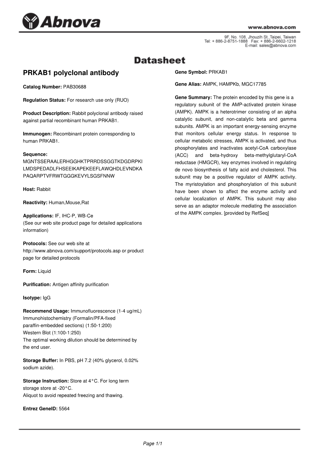 PRKAB1 Polyclonal Antibody Gene Symbol: PRKAB1