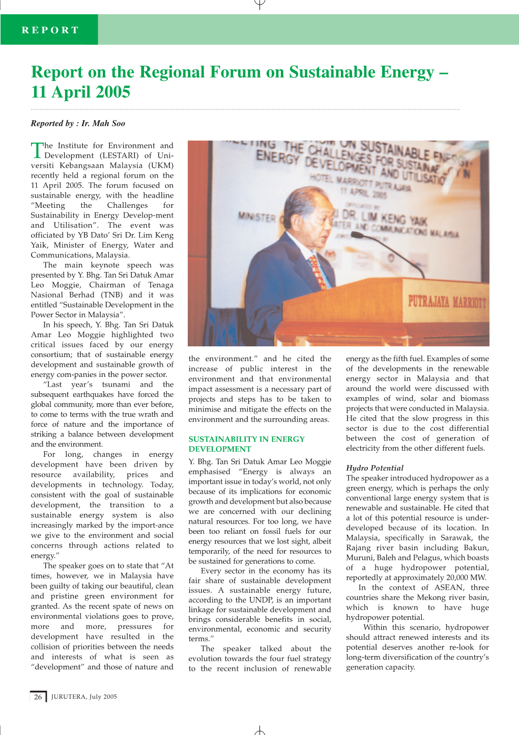 Report on the Regional Forum on Sustainable Energy – 11 April 2005