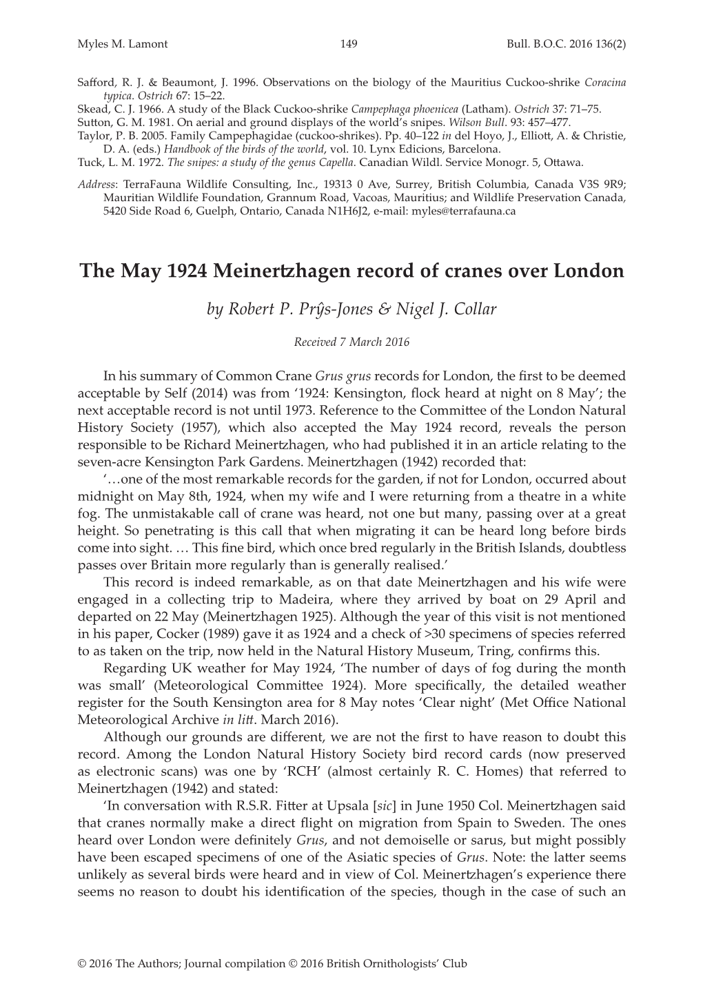 The May 1924 Meinertzhagen Record of Cranes Over London