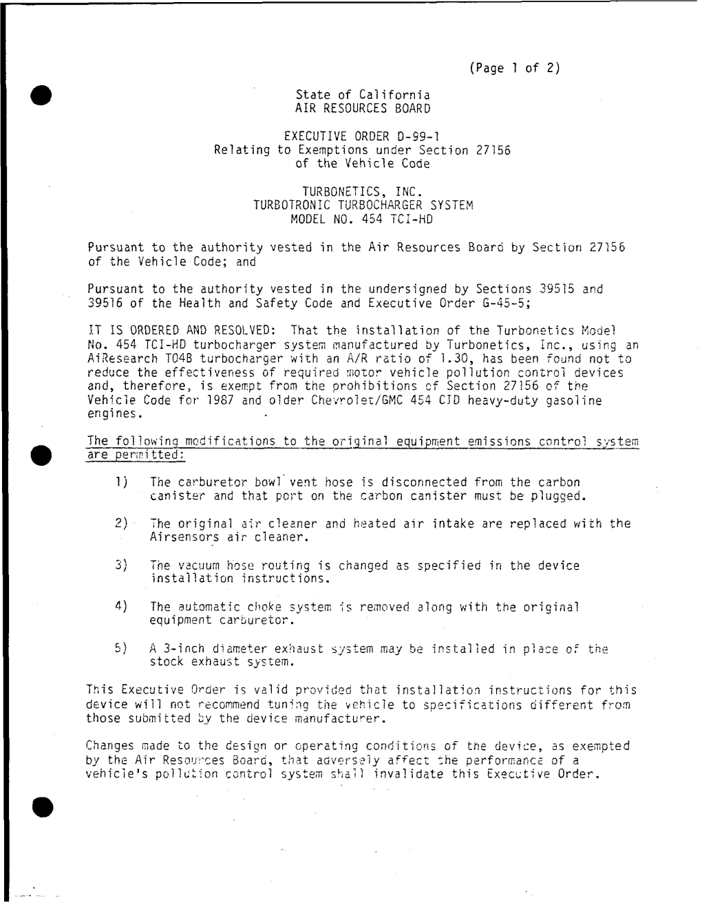 Executive Order: 1986 Relating to Exemptions Under Section 27156 of the Vehicle Code. Turbonetics Inc. Turbotronic Turbocharger