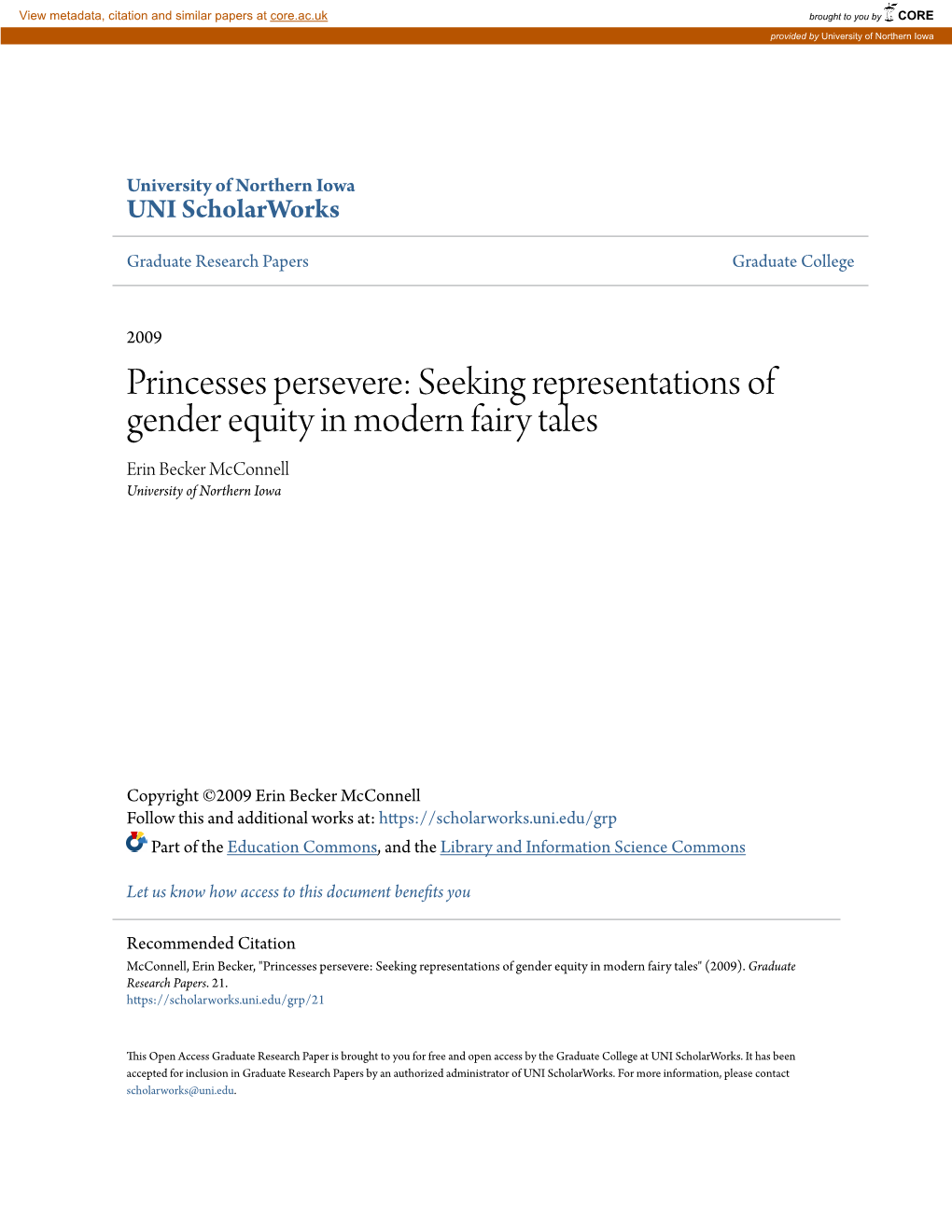 Seeking Representations of Gender Equity in Modern Fairy Tales Erin Becker Mcconnell University of Northern Iowa