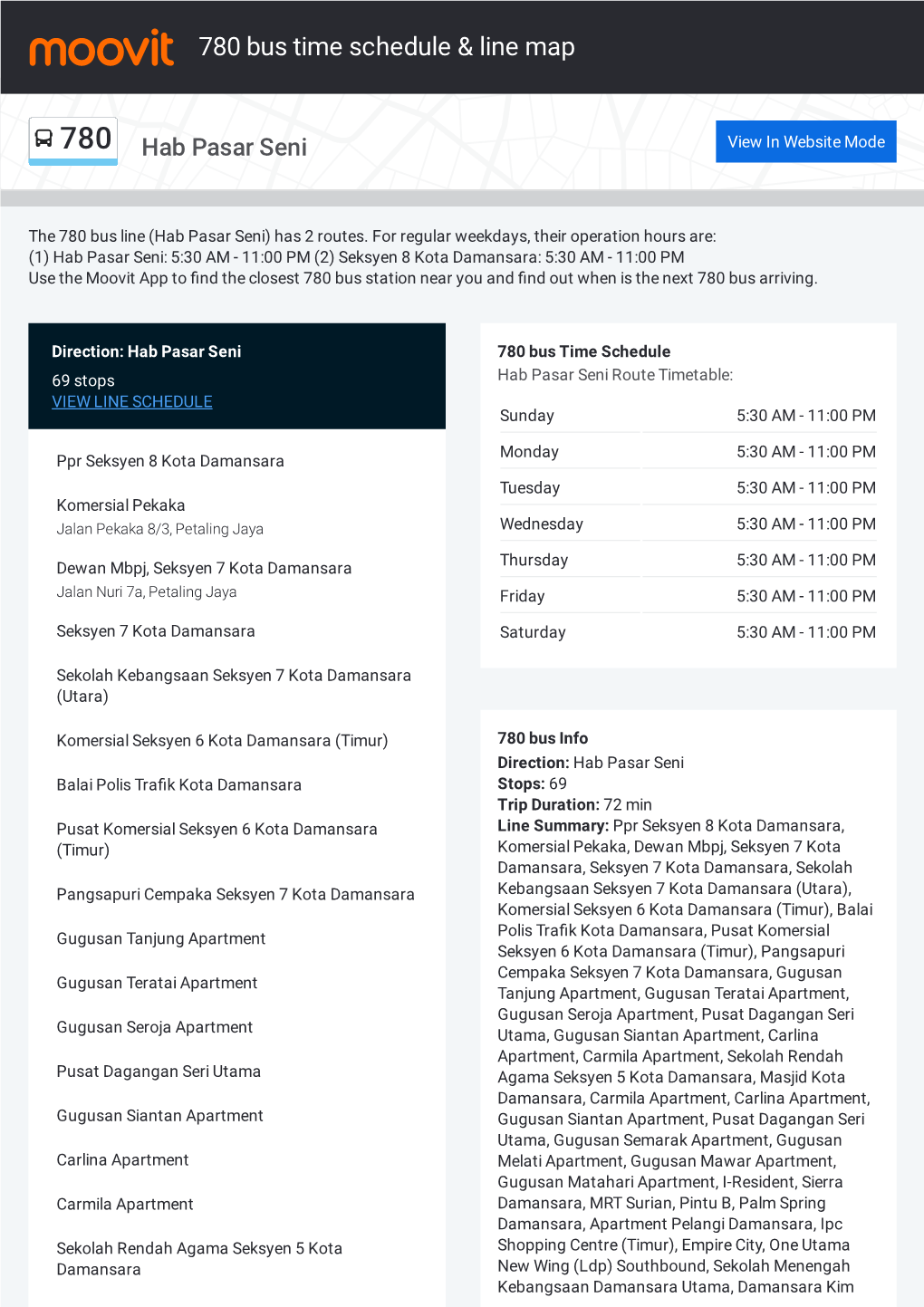 780 Bus Time Schedule & Line Route