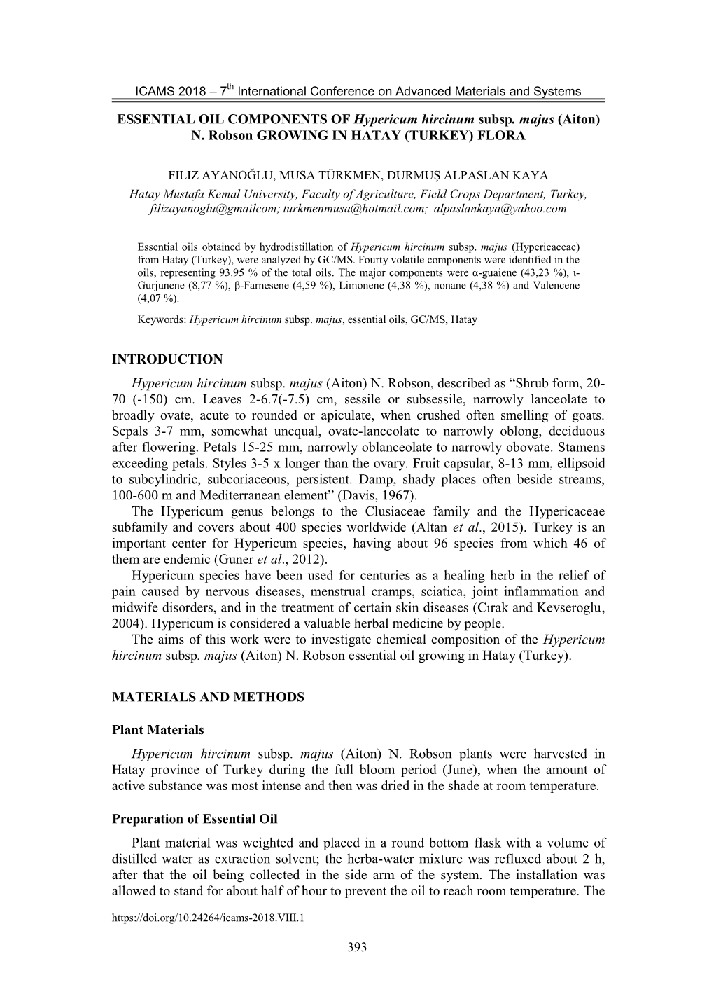 ESSENTIAL OIL COMPONENTS of Hypericum Hircinum Subsp. Majus (Aiton) UNDER the PATRONAGE OF: N