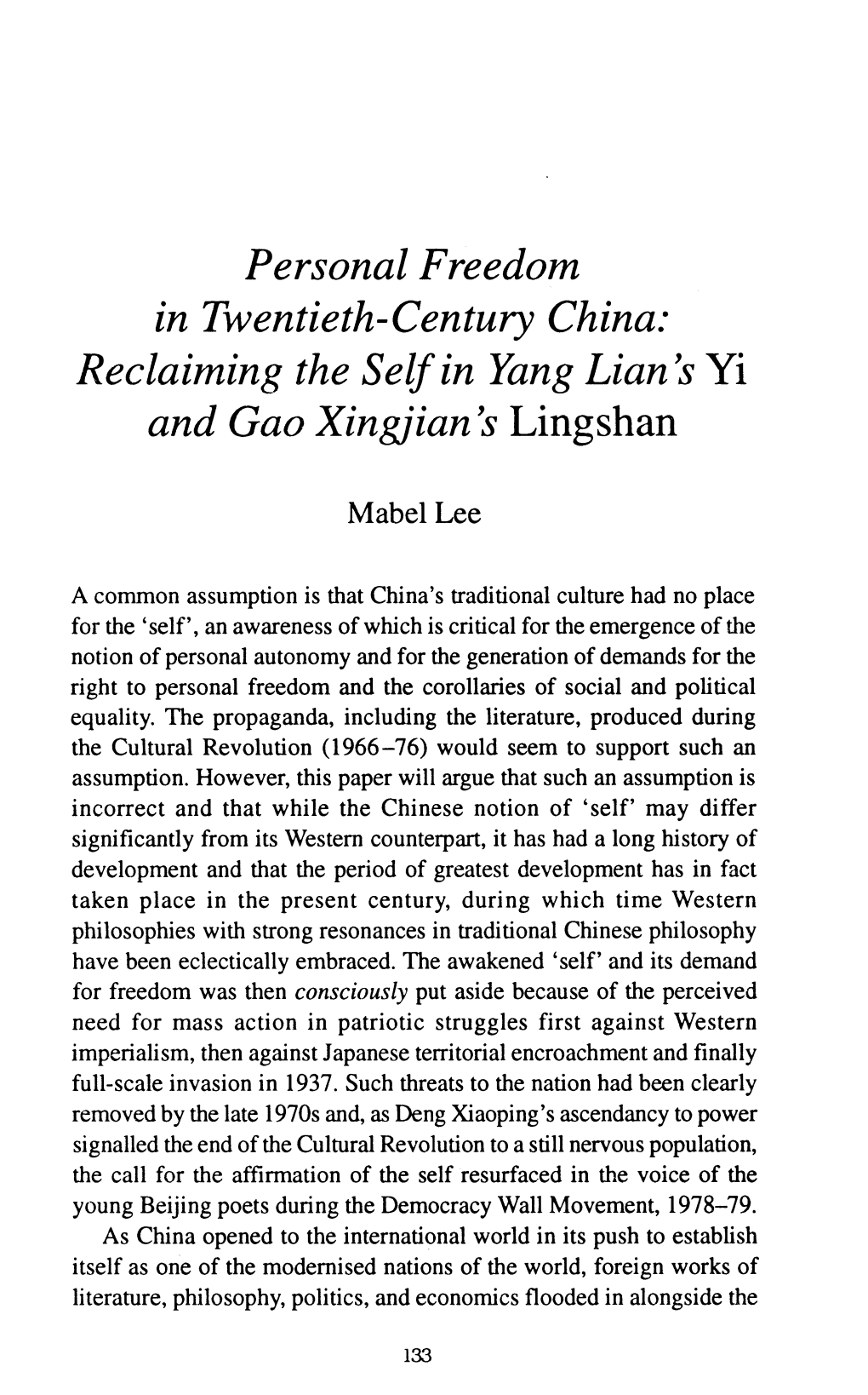 Reclaiming the Self in Yang Lian's Yi and Gao Xingjian 'S Lingshan