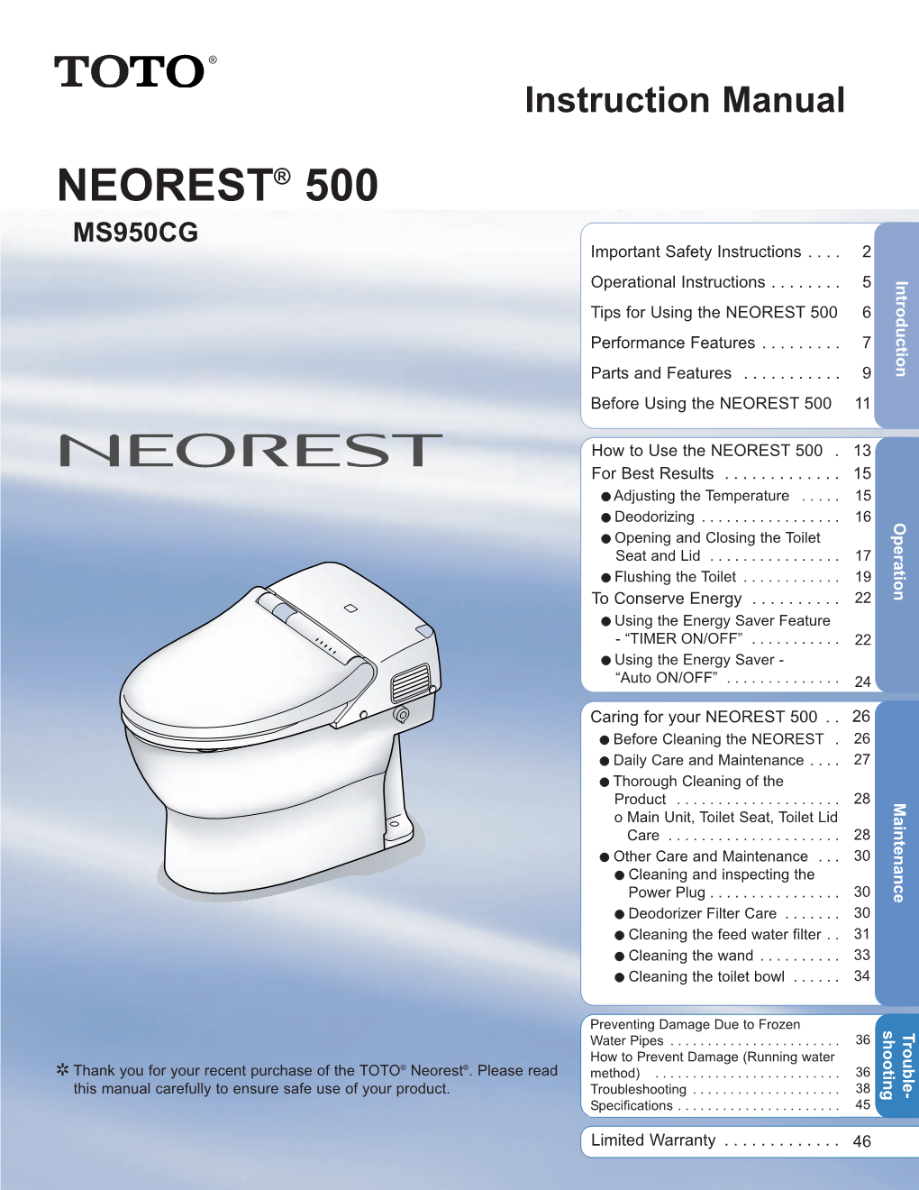 NEOREST® 500 MS950CG Important Safety Instructions