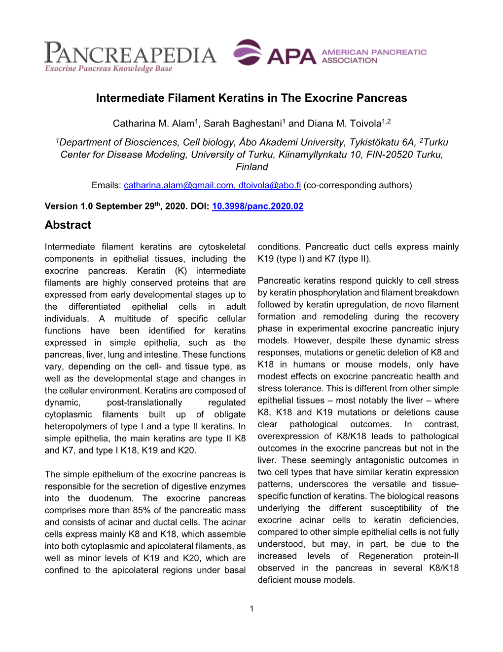 Intermediate Filament Keratins in the Exocrine Pancreas