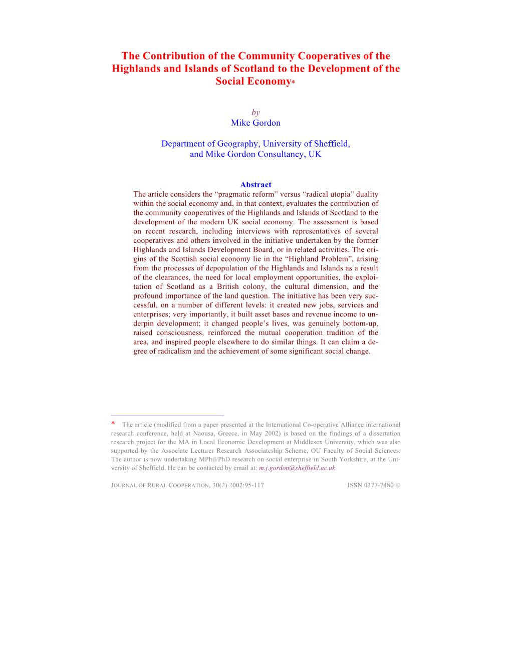 The Contribution of the Community Cooperatives of the Highlands and Islands of Scotland to the Development of the Social Economy∗