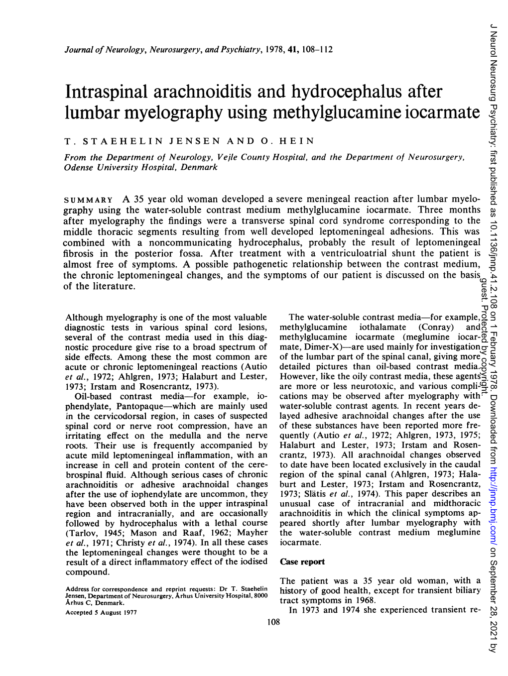 Intraspinal Arachnoiditis and Hydrocephalus After Lumbar Myelography Using Methylglucamine Iocarmate