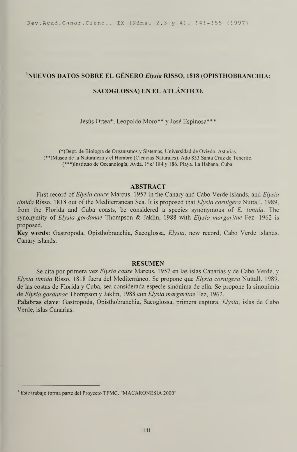 Nuevos Datos Sobre El Género Elysia, 1818 (Opisthobranchia: Sacoglossa