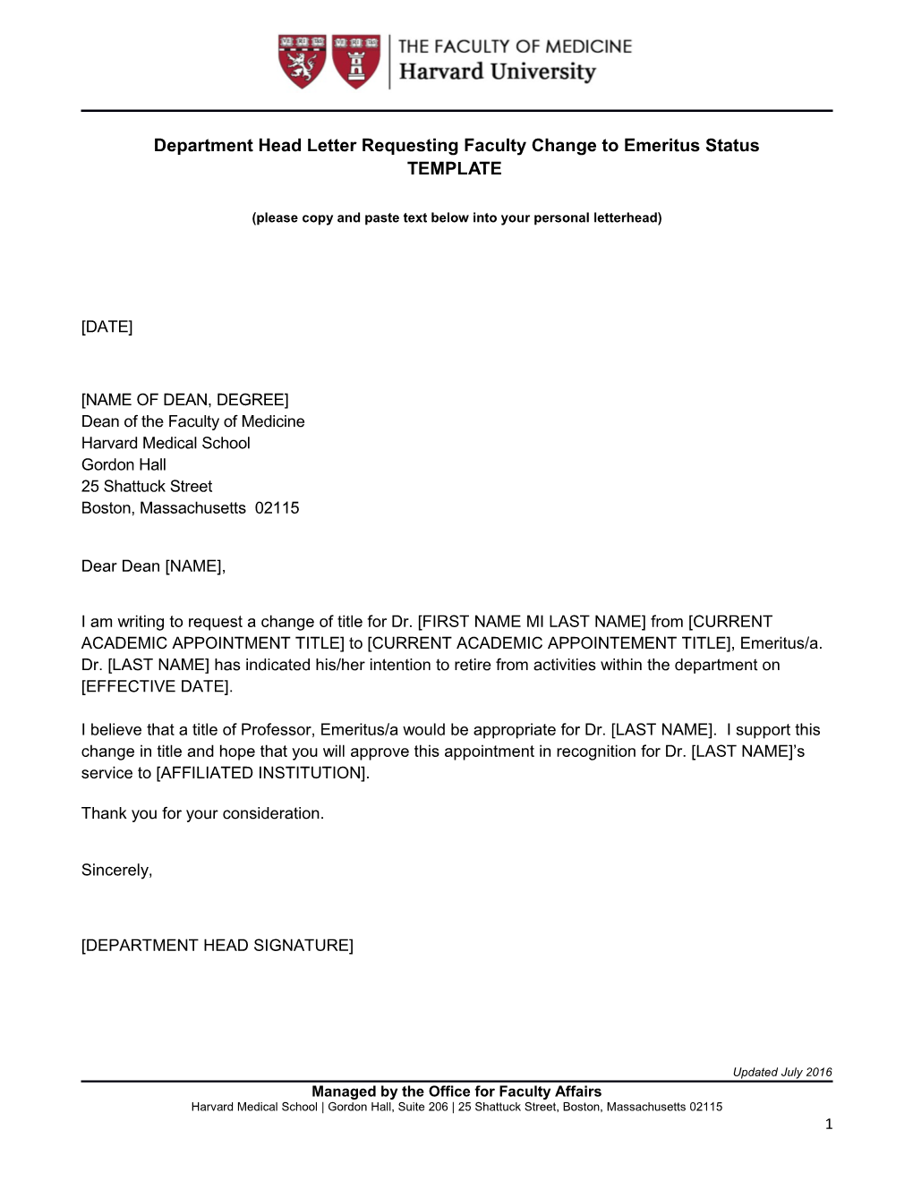 Department Head Letter Requesting Faculty Change to Emeritus Status