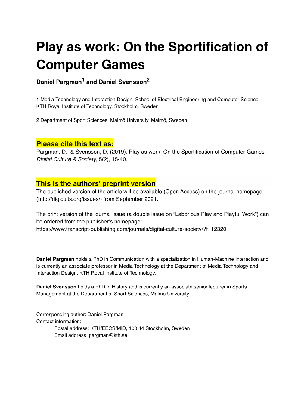 Play As Work: on the Sportification of Computer Games